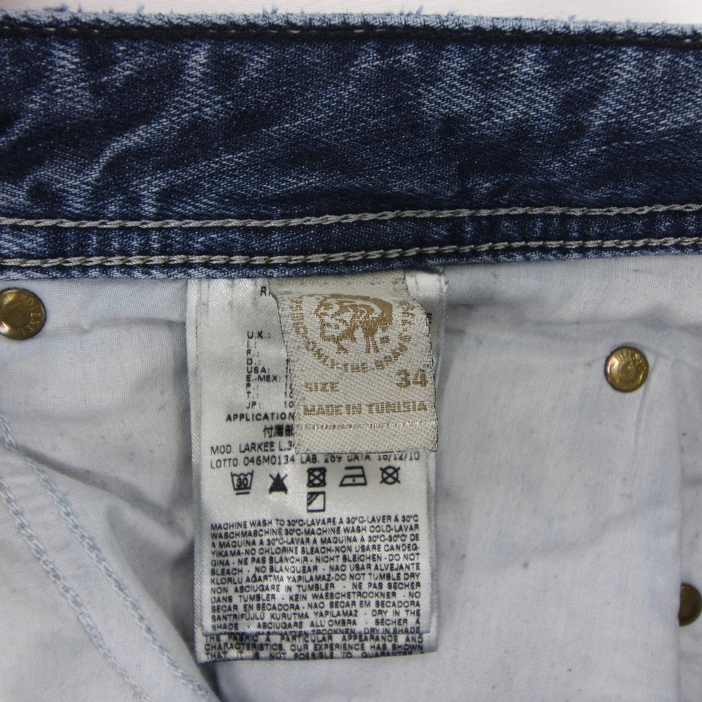 Diesel Larkee Jeans Mens 34x34 Blue Regular Straight Button Fly Distressed - Picture 12 of 13